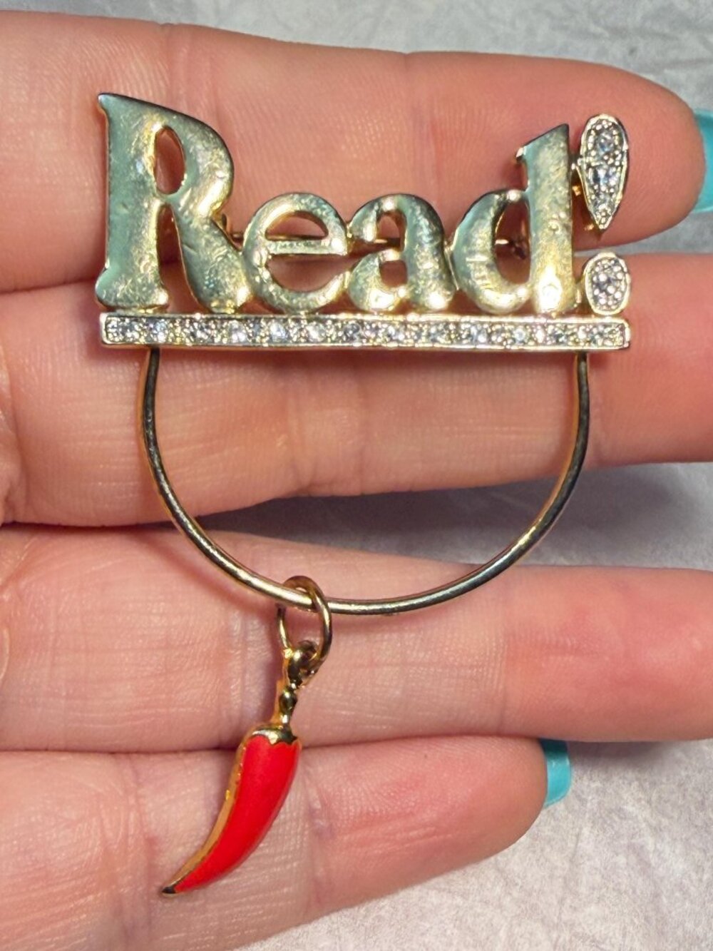 Read Book Brooch Moving Chili Pepper Charm Rhinestone Book Lover Handmade OOAK